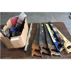 BOX OF SAWS STANLEY AND OTHER HAND PLANES VISE AND SAND PAPER