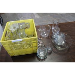 YELLOW CRATE OF GLASSES BOWLS AND PITCHERS