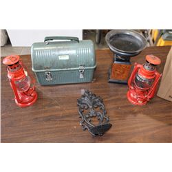 STANLEY METAL LUNCH BOX AND TWO LANTERNS