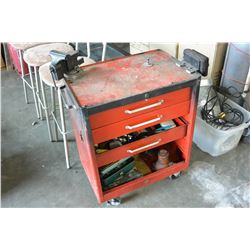 RED AND BLACK METAL SHOP CART WITH TOOLS