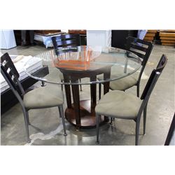 MODERN ROUND GLASSTOP DINING TABLE AND FOUR CHAIRS