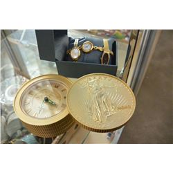 THREE LADIES WATCHES AND DRESSER CLOCK