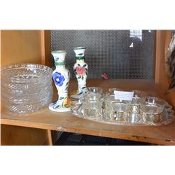 GLASS BOWLS METAL AND GLASS TEACUPS AND TRAY AND CANDLESTICKS