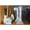 Image 1 : TWO STONE BASE CAT FIGURES AND TWO HAND PAINTED CANDLESTICKS