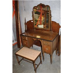 ANTIQUE WALNUT VANITY DRESSER WITH STOOL