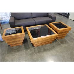 THREE PIECE OAK COFFEE TABLE SET WITH SHADOW BOX GLASS TOP STORAGE