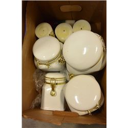 WHITE CANNISTER SET AND CANDLES