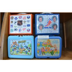 CAREBEARS AND SMERFS VINTAGE LUNCH BOXES AND TWO VINTAGE HOCKEY LUNCH BOXES