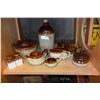 Image 1 : SHELF LOT OF POTTERY SERVING PIECES AND DISPENSER