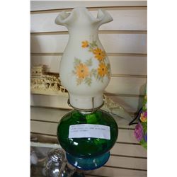 GREEN GLASS OIL LAMP WITH HAND PAINTED CHIMNEY