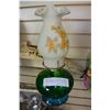 Image 1 : GREEN GLASS OIL LAMP WITH HAND PAINTED CHIMNEY