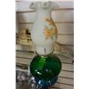 Image 2 : GREEN GLASS OIL LAMP WITH HAND PAINTED CHIMNEY
