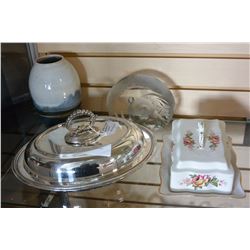 SILVER PLATE SERVING DISH AND KENT CHEESE DISH PAPER WEIGHT AND POTTERY VASE