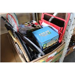 BOX OF TOYS GAMES RACKETS AND PLANT GROW LIGHT ETC
