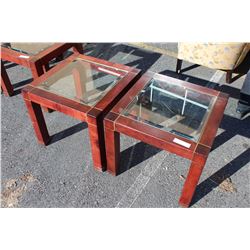 PAIR OF GLASSTOP WOOD AND BRASS INSERT ENDTABLES