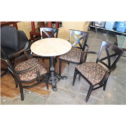 MARBLE AND CAST IRON PEDESTAL TABLE WITH 4 CHAIRS