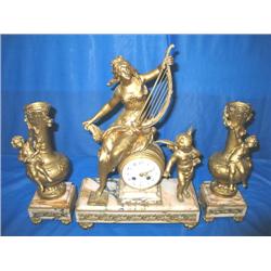 MANTEL CLOCK W/(2) URNS "WOMAN W/HARP"