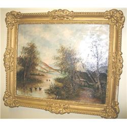 SIGNED 23"X27" RIVER VILLAGE PAINTING ON CANV