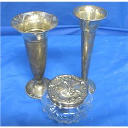 LOT, SILVER VASES & DISH W/SILVER LID