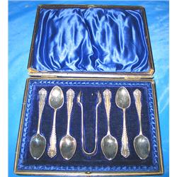 7-PC SILVER TEASPOON SET W/ SUGAR CUBE TONGS