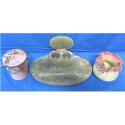 JADE OVAL, JAR W/LID, HAND PAINTED POT