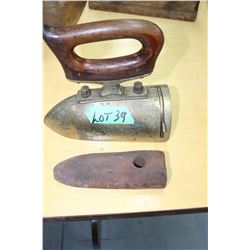 Very Unique Brass Iron with Cast Iron Heat Block Insert - Good Wood Handle