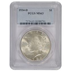 1934-D $1 Peace Silver Dollar Coin PGCS MS63
