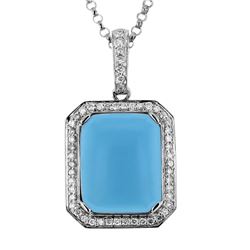 14KT White Gold 4.34ct Turquoise and Diamond Pendant with Chain