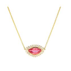 18KT Yellow Gold 2.08ct Padparadscha Sapphire and Diamond Pendant with Chain