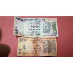 Ancient Indian rupees bank Notes 100 rupees and 10 rupees