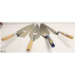 LOT OF 3 BRICK TROWELS AND 1 COKE TROWEL