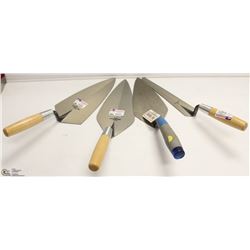 LOT OF 3 BRICK TROWELS AND 1 COKE TROWEL