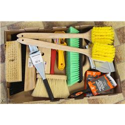 LARGE FLAT OF ASSORTED BRUSHES AND PAIL OPENERS