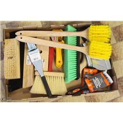 LARGE FLAT OF ASSORTED BRUSHES AND PAIL OPENERS