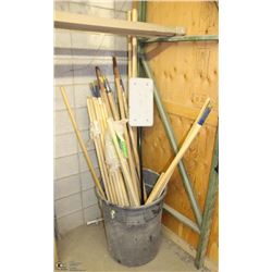 GARBAGE BIN OF ASSORTED WOODEN HANDLES, ETC