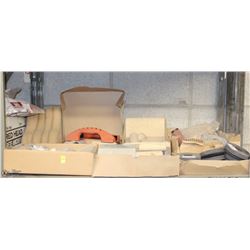 SHELF OF ASSORTED HANDLES, CORNER TROWELS, ETC