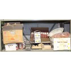 SHELF OF ASSORTED HANDLES AND FASTENERS
