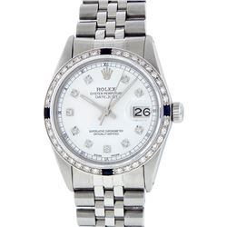 Rolex Mens Stainless Steel White Diamond And Sapphire Datejust Wristwatch