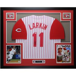 Barry Larkin Signed Reds 35" x 43" Custom Framed Jersey (JSA COA)