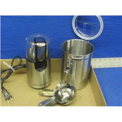 Lot of 3 Stainless Steel Kitchen items / Coffee Grinder / locking container / 4 measure cups