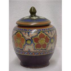 Gouda "Romeo" covered jar, mushroom finial on