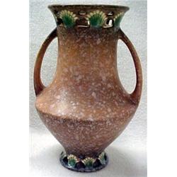 Roseville "Ferella" handled vase, tan, 9" hig