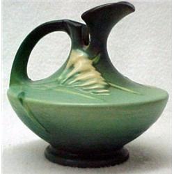 Roseville ewer "Freezia", green ground, 19-6"