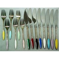 Fourteen piece sterling and enameled flatware