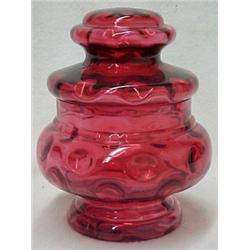 Cranberry glass covered jar, thumbprint patte