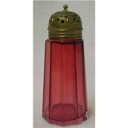 Cranberry glass sugar shaker, pierced metal d