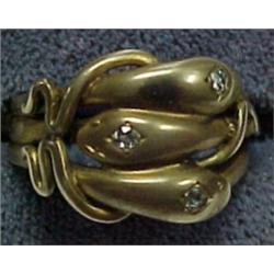 10K gold and diamond snake ring, triple snake