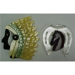 Two wood and plastic pins, hand carved Native