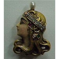 14K gold Art Nouveau pin Egyptian motif woman