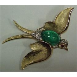 Trifari bird pin, gold tone brushed metal wit
